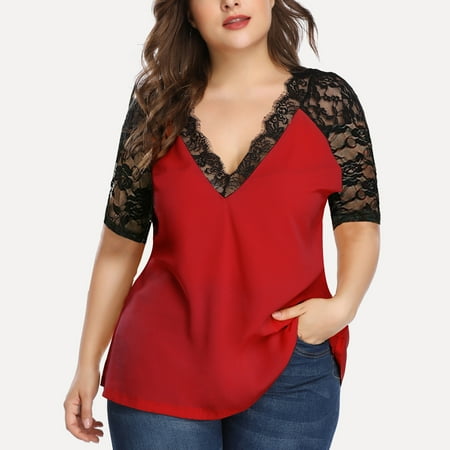 

FREE SHIPPING-camisole Plus Size Womens Casual Half Sleeve Solid Lace V-Neck Splicing T-shirt Net Yarn Tops nightgowns for women lingerie valentines day birthday gifts Red