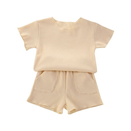 

Toddler Summer Tracksuit O Neck Vest Elastic Waist Shorts Summer Solid Color Thin Short Sleeve