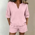 thumbnail image 2 of Women's Cotton Summer Two-Piece Set Short Sleeve V-Neck Ruffle Top, Elastic Waist Shorts, Casual Lounge Outfit, Solid Color Matching | TruHer,Pink XL, 2 of 8