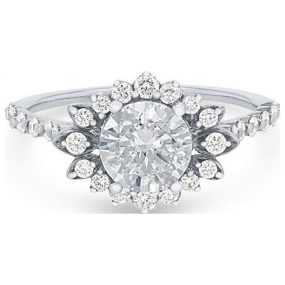 0.85 Carat Round Cut Natural Diamond Floral Solitaire with Accents Unique Wedding Ring for Women Solid 14K White Gold Size 7