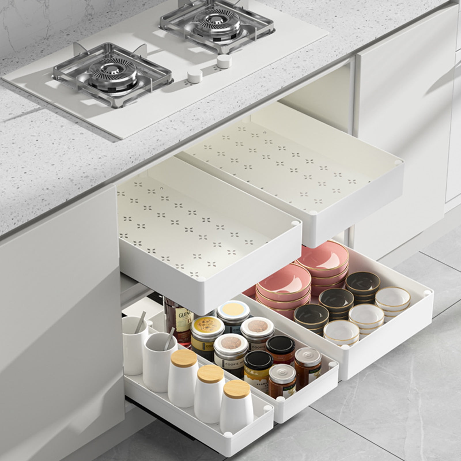 Stackable Slide Out Cabinet Baskets Sturdy Kitchen Dishes Storage Drawer Organizers Practical Pull Out Holder Rack