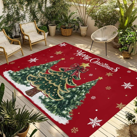 Fsddascl Red Christmas Tree Outdoor Rug for Patio/Deck/Porch, Non-Slip Large Area Rug 6 x 9 Ft, Snowflake Tree Xmas Indoor Outdoor Rugs Washable Area Rugs, Reversible Camping Rug Carpet Runner