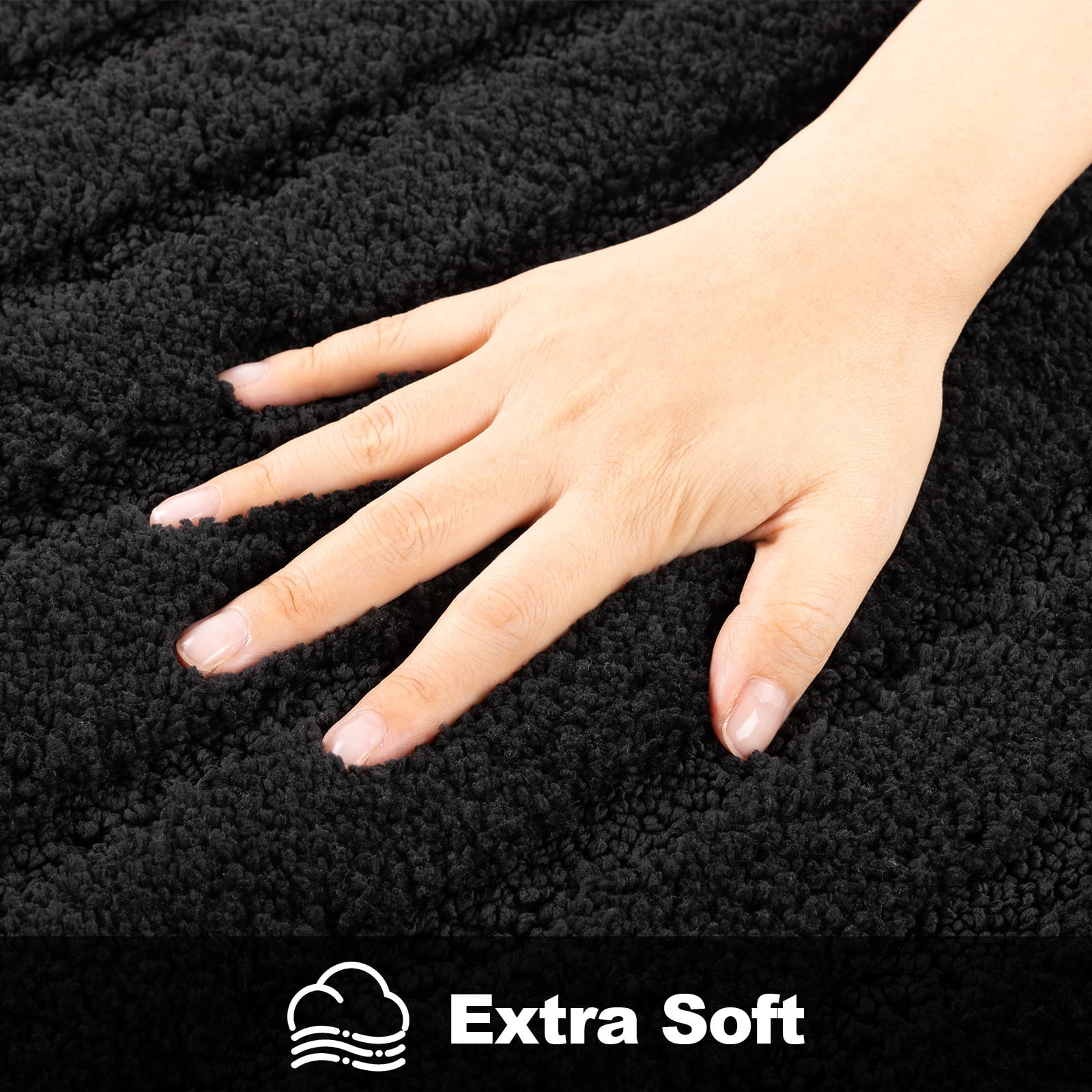 Findosom 3pcs Bathroom Rugs Set with U-Shaped Mat,Non Slip Machine Washable Wave Bath Mat,Ultra Soft Plush Shower Rugs for Bathroom,Tub,Shower18"x26"+18"x48"+U 20"x24"Black