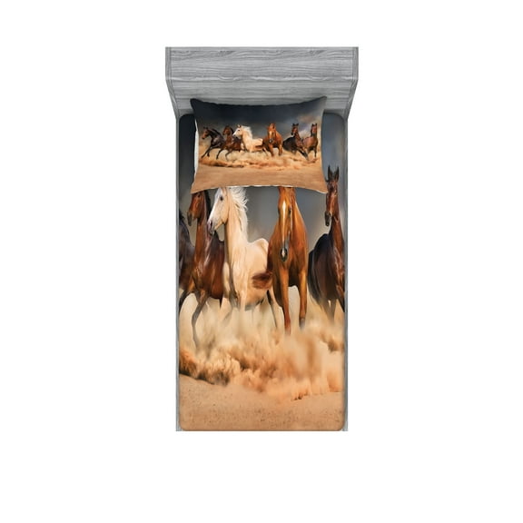 Ambesonne Horse Fitted Sheet & Pillow Sham Set, Equine Themed Animals, Twinxl, Brown Sand Brown