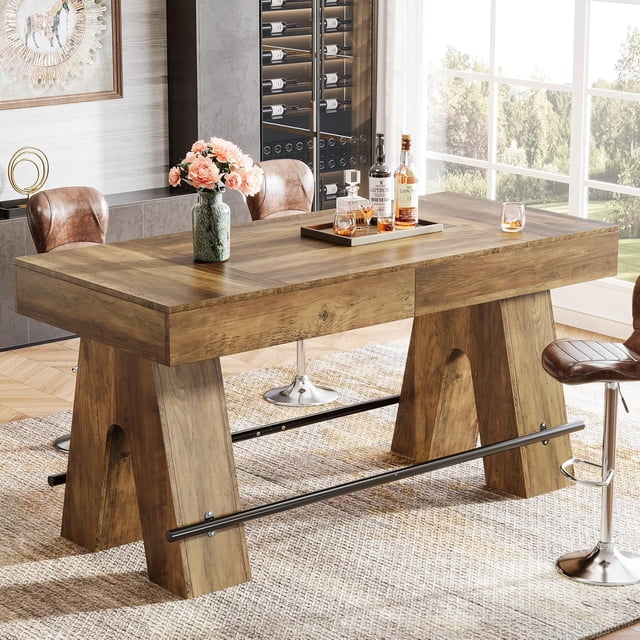 Tribesigns 63" Bar Table, Wood Bar Height Pub Table with Metal Footrest for Home Bar, Brown