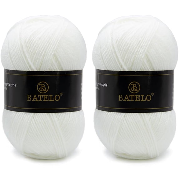 BATELO Crochet Acrylic Yarn 560 Yards, 2 Pack 150g/5.3oz Each, 3 Light Worsted Yarn for Crocheting & Knitting (White)