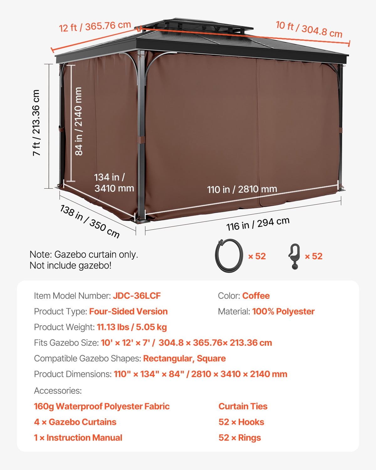 VEVOR Gazebo Curtains Outdoor, 12' x 10' x 7' Gazebos, 4-Panel Sidewall Gazebo Privacy Curtains with Zippers, Outdoor Curtain Replacement for Patio Canopy, Only Curtain, Coffee