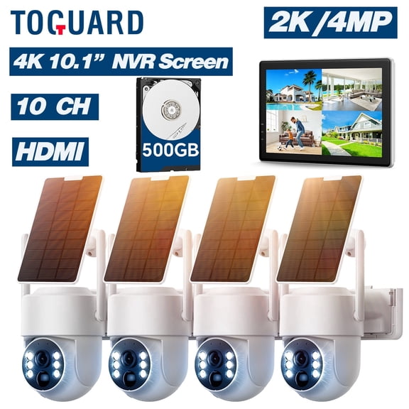 TOGUARD SC43 2K/4MP Solar Wireless Security Camera System with 10CH 10.1" NVR Monitor Outdoor Battery WiFi Dome Surveillance Camera HDMI Connector