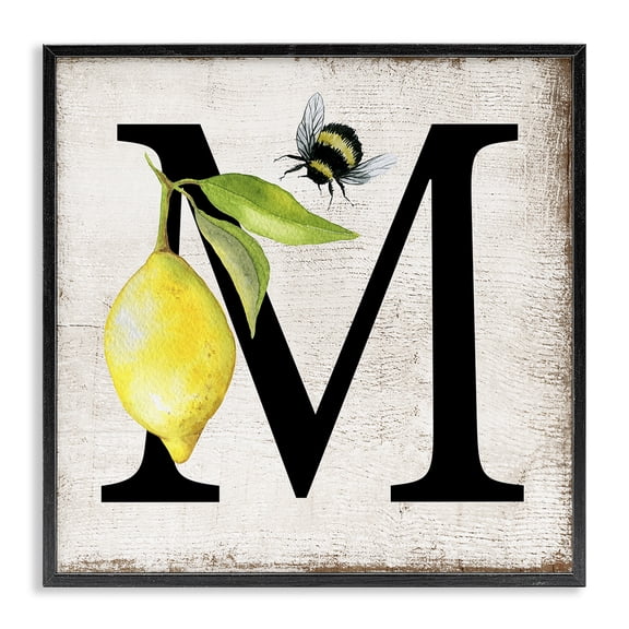 Stupell Industries Lemon & Bee M Letter Insects Painting Black Framed Art Print Wall Art, 12 x 12