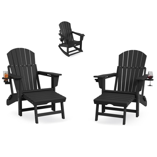 Folding Adirondack Rocking Chairs Set of 2 – HDPE Outdoor Patio Chairs with Retractable Ottoman, Footrest, Built-in Cup Holder, Extra Wide Armrests – All-Weather, Heavy Duty Garden Rockers – 2 Pack