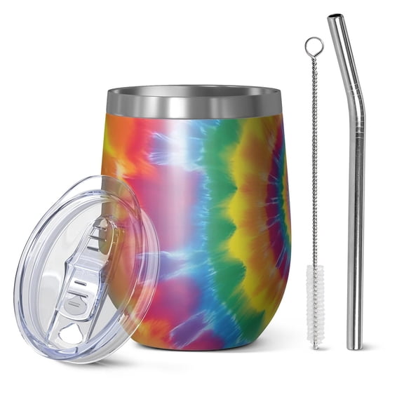 12oz Stemless Wine Tumblers Yellow Tie Dye Spiral Pattern Vacuum Insulated Stainless Steel Travel Tumbler Cups Mug with Lid and Straw for Champaign,Cocktail,Beer with Cleaning Brush
