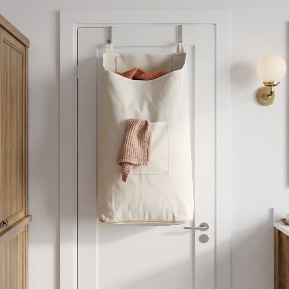 Laundry Collector & Hamper, Door Hanging Laundry Bag with Stainless Steel Hooks, Heavy Duty Poly Cotton Canvas, Large 65L Capacity, Space Saving, Beige