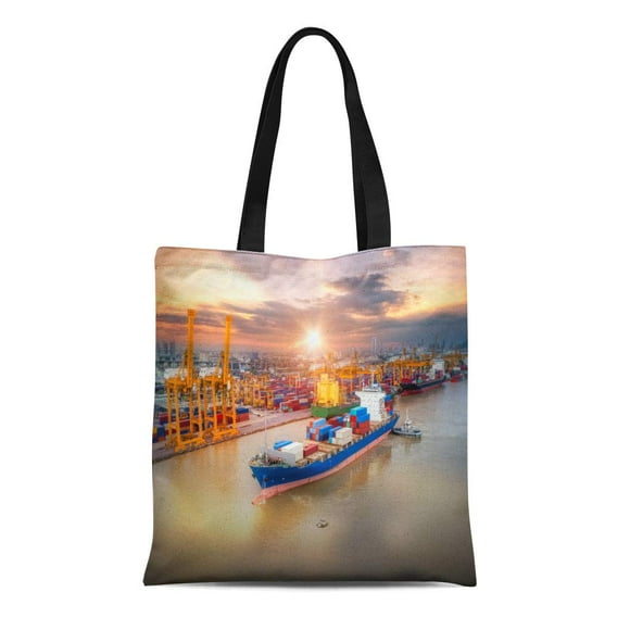 POGLIP Canvas Tote Bag Logistics and Transportation of Container Cargo Ship Plane Working Reusable Shoulder Grocery Shopping Bags Handbag