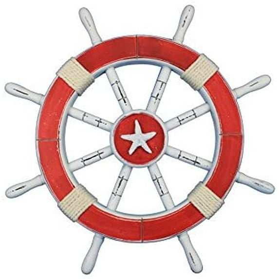 Wooden Ship Wheel (Antique White & Red Finish) - Starfish Motif - Yellow Rope - (48 Inches, Red)