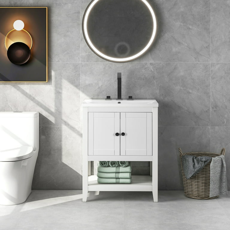 40 Floating Bathroom Vanity Set with Ceramic Sink 2 Drawers & Open Shelves  in Gray