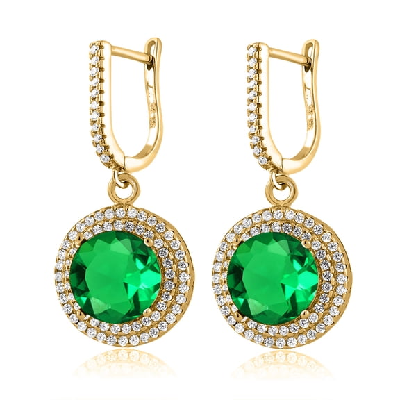 Gem Stone King 9.08 Cttw Round Green Simulated Emerald 18K Yellow Gold Plated Silver Dangle Earrings for Women