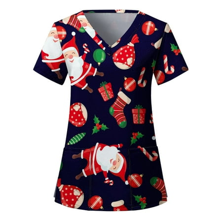 

Santa Claus Printed Working Uniform Ladies Casual Christmas Print Short Sleeve Pocket Loose Top Workwear Scrubs Uniform Nurses