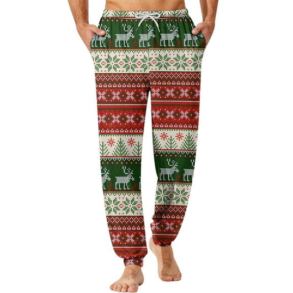 WTOBBY Men's Drawstring Pocket Cuffed Casual Pants Home Sleep Pants with Christmas Print Comfortable Soft Lounge Men's Trousers,Army Green L