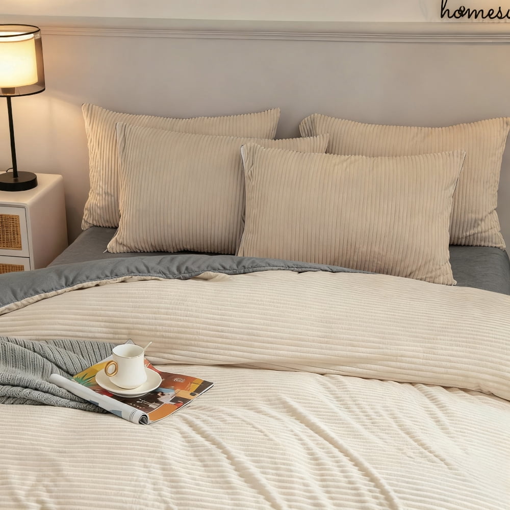 ANMINY 4-Piece Coral Fleece Duvet Cover Set (Comforter NOT Included), 150GSM Soft Warm Pinstripe Bedding with Hidden Zipper & Corner Ties, King, Gray-Backed