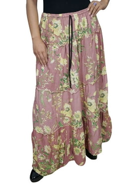 Mogul Womens Pink Floral Print Long Skirt Hippie Chic Gypsy Cotton Blend Maxi Skirts