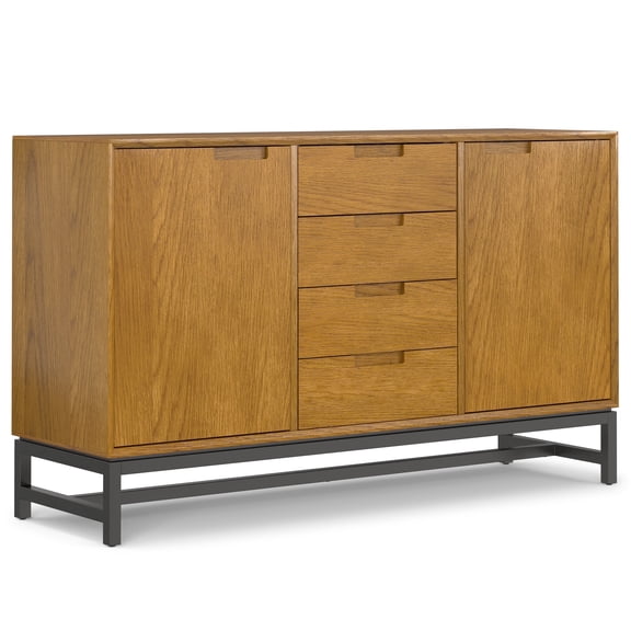 Simpli Home Banting 60 inch Wide Industrial Mid Century Sideboard with Centre Drawers in Oak Veneer