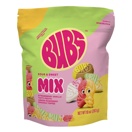 BUBS Swedish Candy Sour and Sweet Gummy Candy Mix, Strawberry Vanilla, Tutti Frutti, Lemon Raspberry, Banana Toffee, Vegan, 10 oz. Gluten Free, Vegan