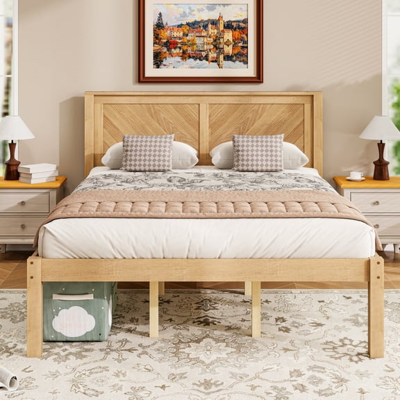 Solid Wood Platform Bed Queen Size with Headboard, Farmhouse Bed Frame with Underneath Storage for Saving Space, Wood Slats and Center Support, No Box Spring Needed, Natural Oak