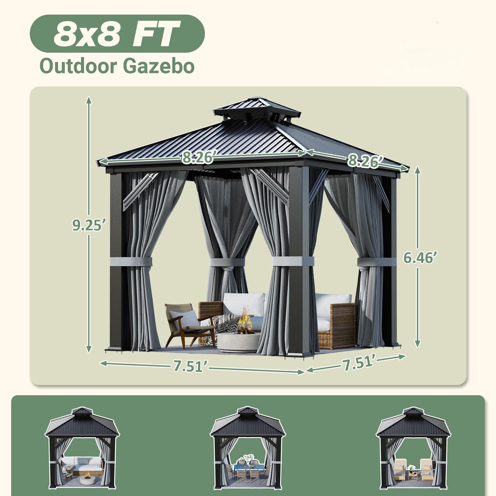 NETAJE 8x8 FT Hardtop Gazebo, Heavy Duty Gazebo with Aluminum Frame, Galvanized Steel Double Roof & Mosquito Net for Garden, Patio, Grey