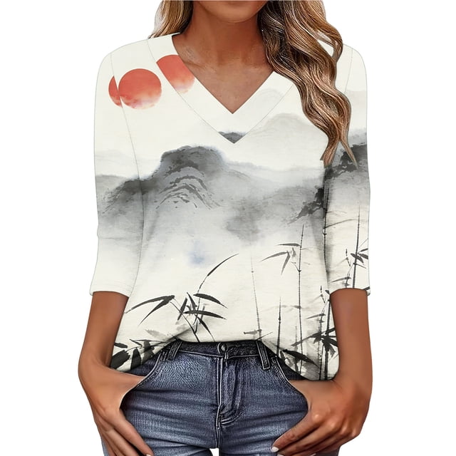 Tops de Túnica para Mujeres de Ajuste Suelto Vestido Impreso 3/4 Manga con Cuello en V Blusa de Suéter con Suave 95% Poliéster 5% Spandex, Transpirable Top Casual para el Verano