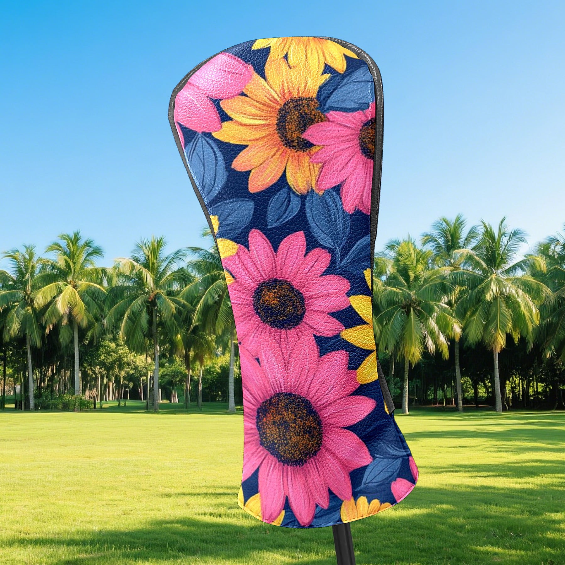 Golf Head Covers Sunflower Pattern for Driver, Wood & Hybrid, Premium Waterproof PU Leather with Plush Lining, Cheerful Floral Golf Gifts