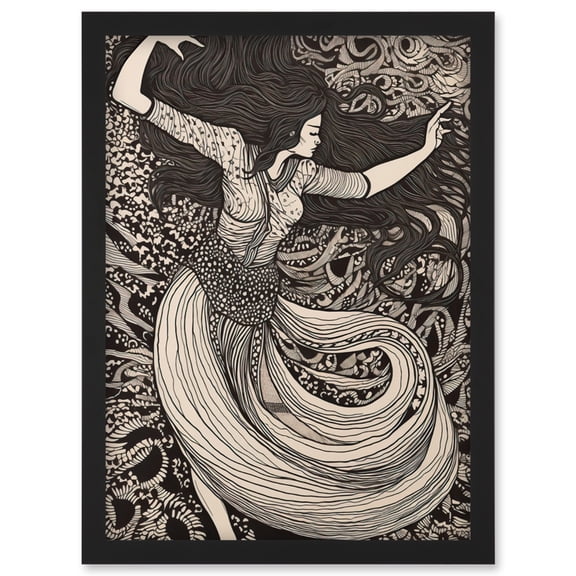 Long Haired Woman Dancing to Music in Boho Dress Artwork Framed Wall Art Print A4