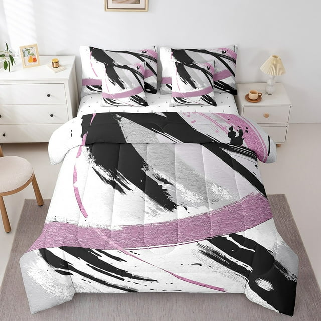 YST Black Grey Pink Gradient Abstract Comforter Set, 7-Piece, Full