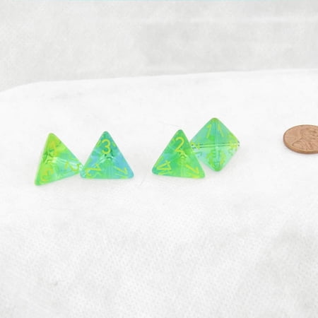 Green and Teal Translucent Gemini Dice with Yellow Numbers D4 Aprox 16mm (5/8in) Pack of 4