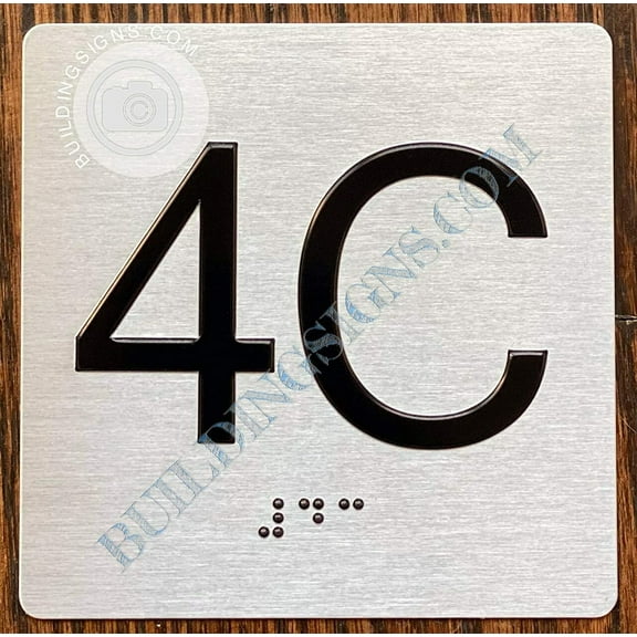 Apartment Number 4C Sign with Braille and Raised Number (Aluminum, 4x4, Double Sided Tape, Silver)-The Sensation line (ref-2201)
