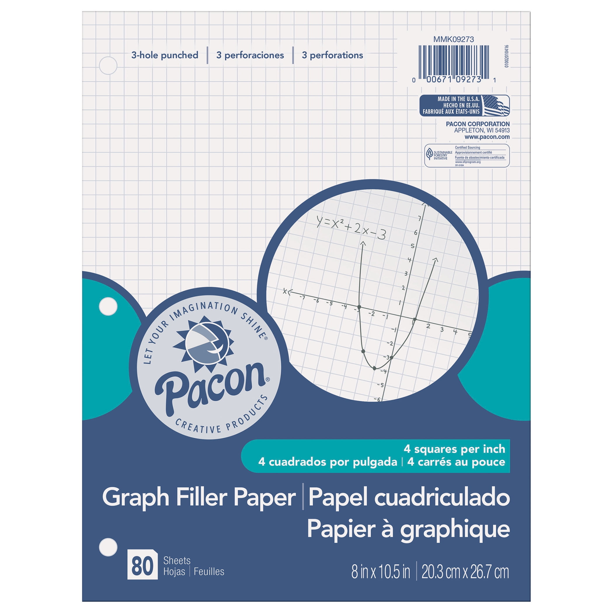 Pacon Graphing Paper, White, 3-Hole Punched, 1/4" Quadrille Ruled, 8" x 10-1/2", 80 Sheets Per Pack, 6 Packs