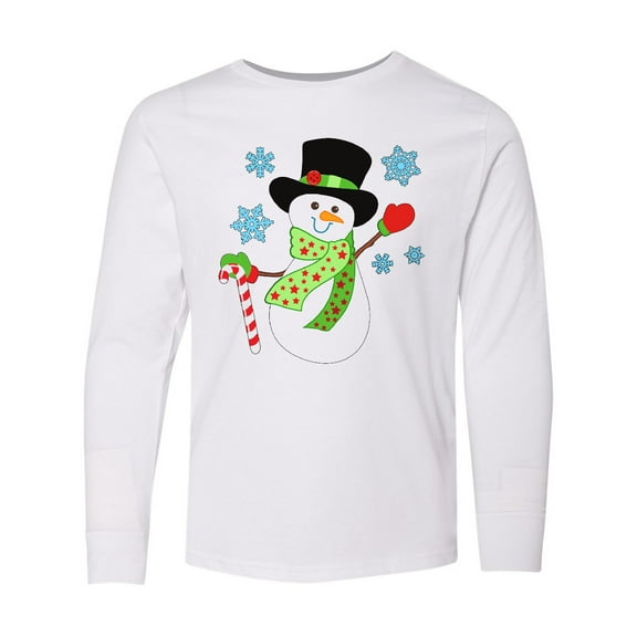 Inktastic Christmas Snowman in Top Hat with Candy Cane Long Sleeve Youth T-Shirt