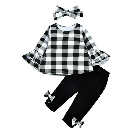 

TAIAOJING Baby Girl Clothes Long Sleeve Plaid Tops Bowknot Pants Headbands 3PCS Set Fall Outfits 12-18 Months