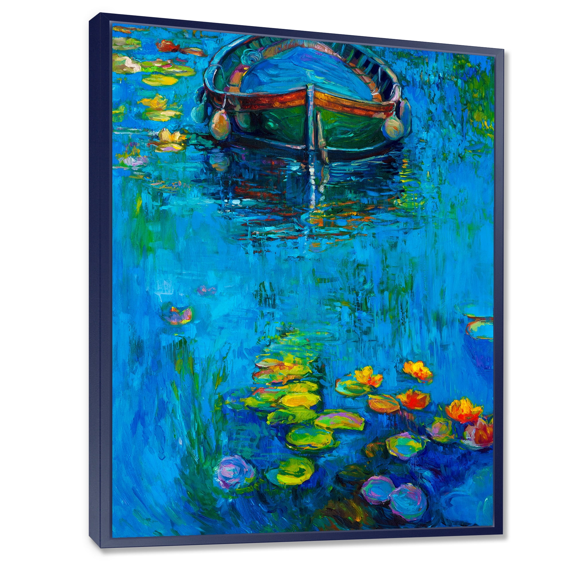 Designart 'Boat In Blue Lake' Nautical & Coastal Framed Canvas Wall Art Print