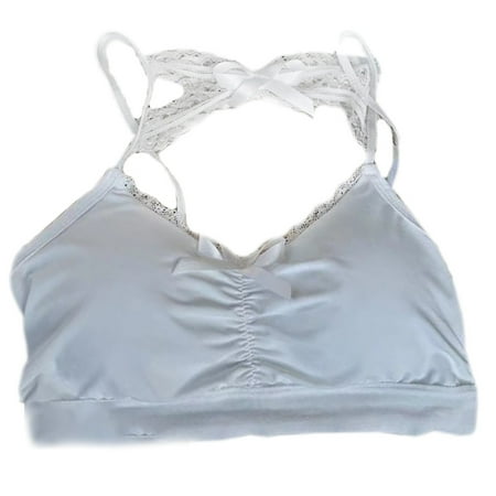 

AOOOWER Women Sexy Cross Lace Halter Bralette Sweet Bowknot Front Ruched Camisole Crop Top with Chest Pad Backless Underwear