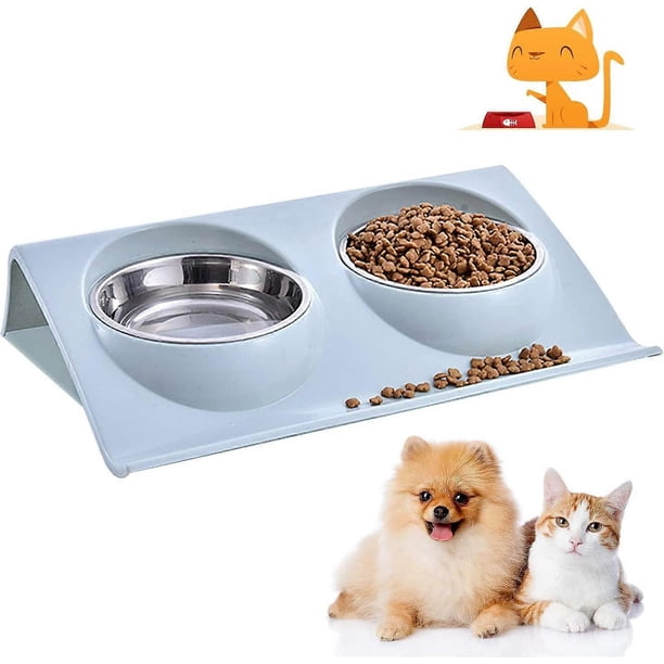 Cat Bowl, Pet Bowls, Dog Cat Bowl, Double Bowl for Cat and Dog, Dog Pet Feeder Bowl, Non-Slip Stainless Steel Cat Bowl (Blue)