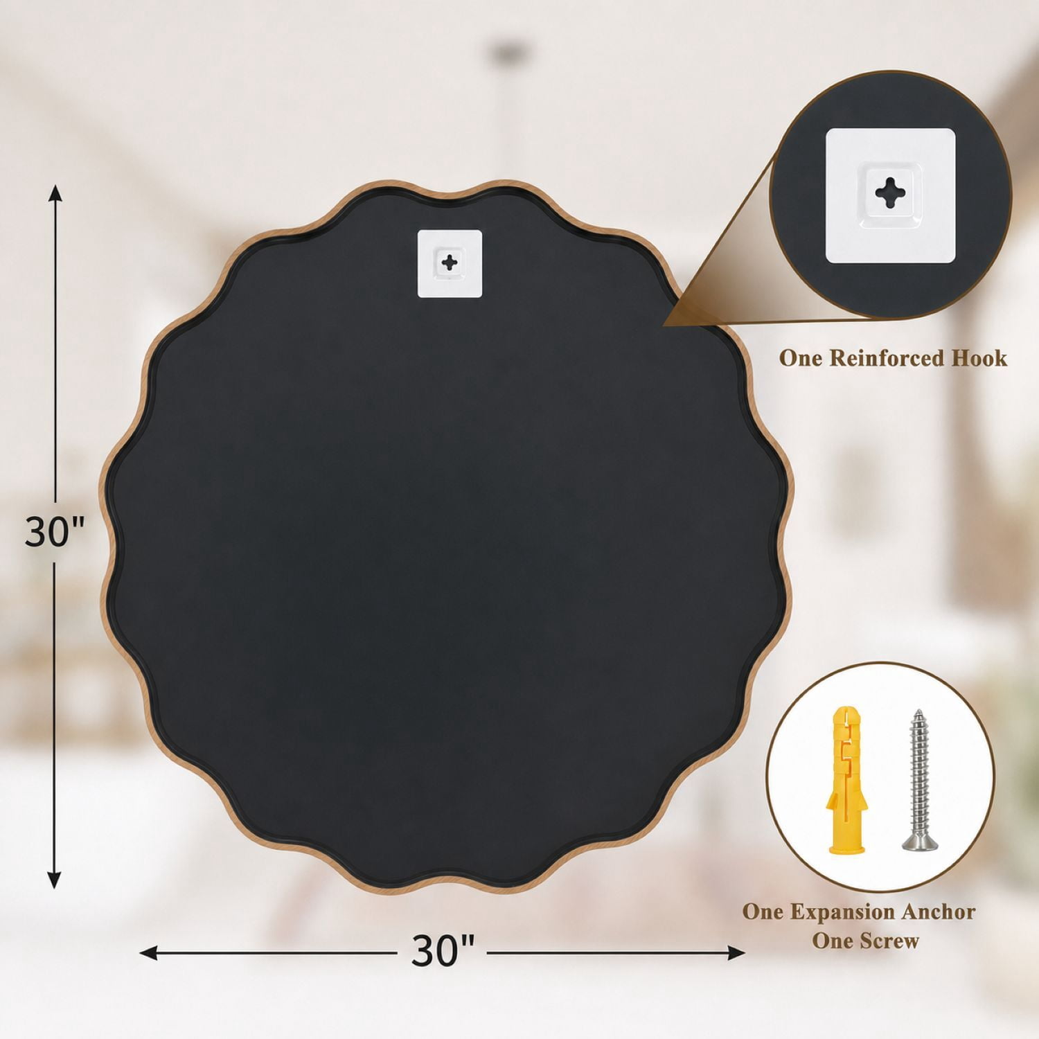 Easy4Home 30" x 30" Wavy Round Bathroom Mirror Wall Decor with Wooden Frame, Natural Wood