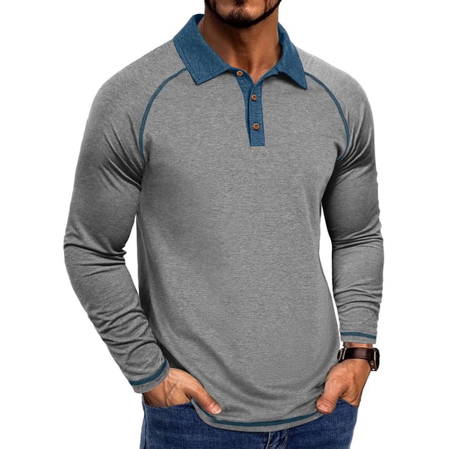 Blusa y camisa de manga larga con cuello vuelto para hombre, color liso, informal, a la moda, con botones, de poliéster