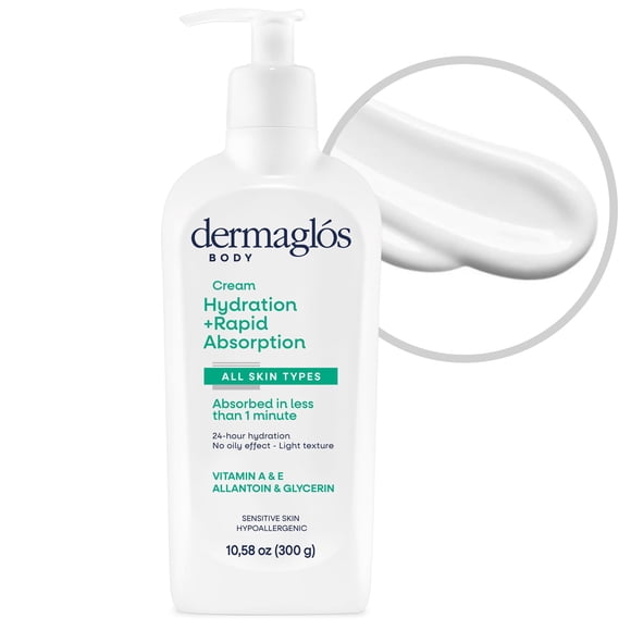 Crema Corporal Hidratante Dermaglos | Hidratación + Rápida Absorción Duración 24 Horas | Hidratante diario para todo tipo de piel, incluso la sensible | Con Vitamina A Vitamina E Alantoína Glicerina |