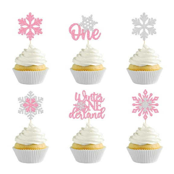 24Pcs Winter Onederland 1st Birthday Girl Cupcake Toppers, Pink Winter Onderland Birthday Decorations, Winter 1st Birthday Party Decor for Baby Girls, Sliver and Pink Glitter
