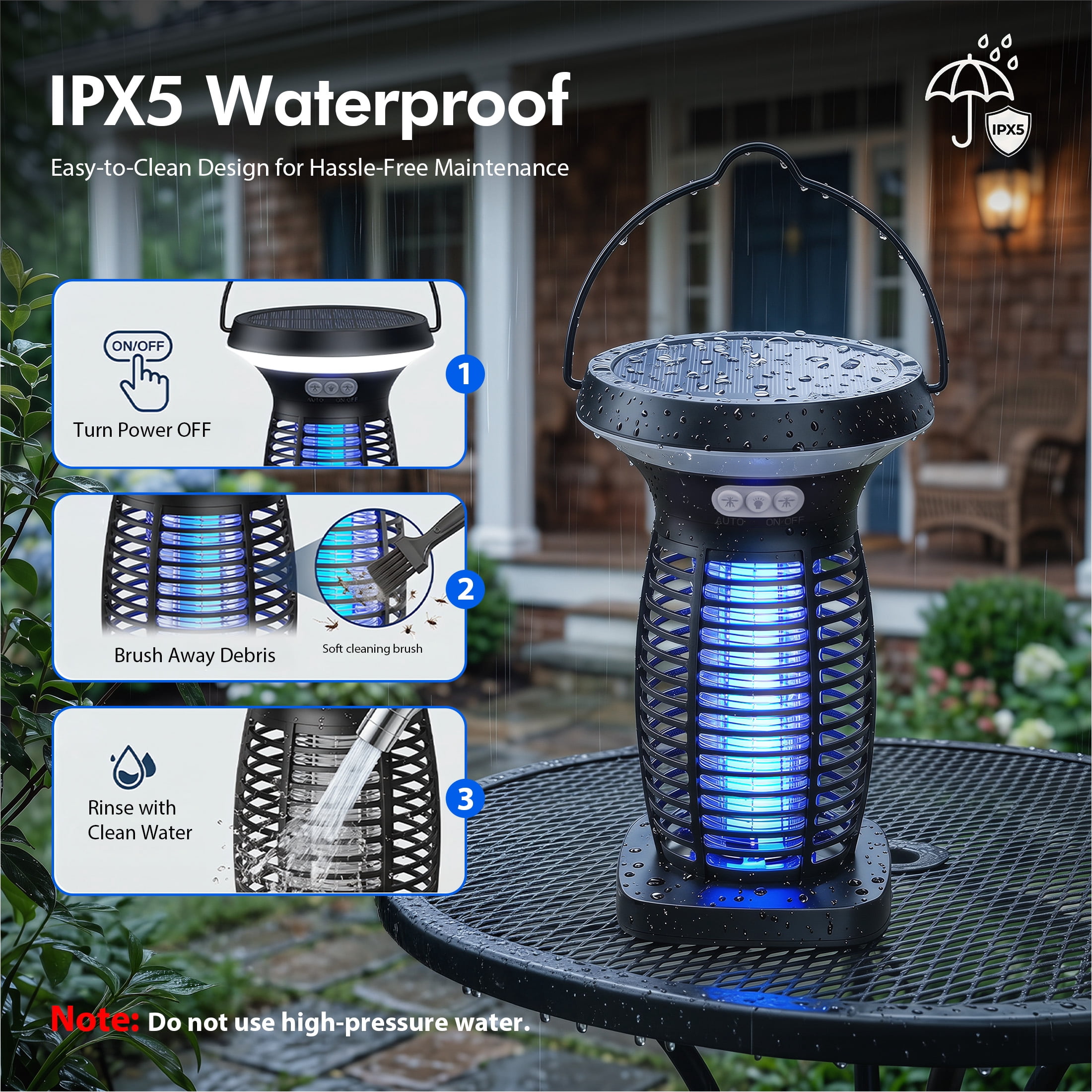 Aenkyo Solar Bug Zapper Outdoor, 4200V Mosquito Killer Lamp, 3-in-1 LED Light, IPX5