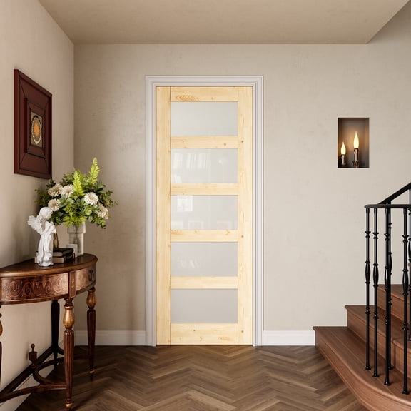 36" x 80" Interior Frosted Glass Door 5-Lite Solid Core Pantry Slab Door Primed Standard Door For French Bathroom Doors