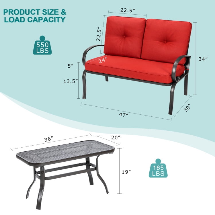 Aimee Lii 2 Pieces Patio Outdoor Cushioned Coffee Table Seat, 2 Seat Outdoor Sofa, Red Aimee Lii 2 Pieces Patio Outdoor Cushioned Coffee Table Seat, 2 Seat Outdoor Sofa, Red