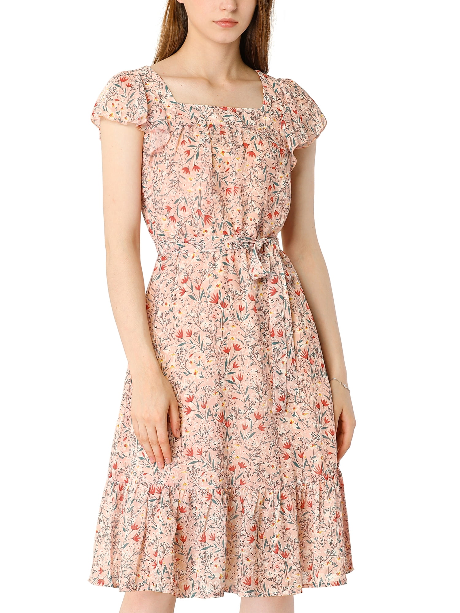 DARING DIVA Square Neck Flutter Sleeve A-Line Midi Dress M Pink