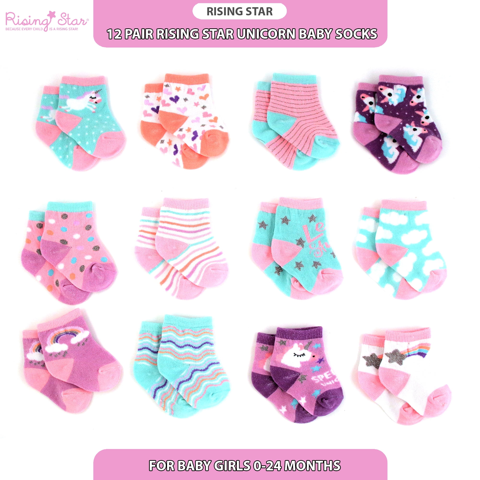 Rising Star Infant Socks For Baby Girls, Crew Ankle Cotton Infant Socks  6-12 Months- 8 Pack (pink/purple) : Target