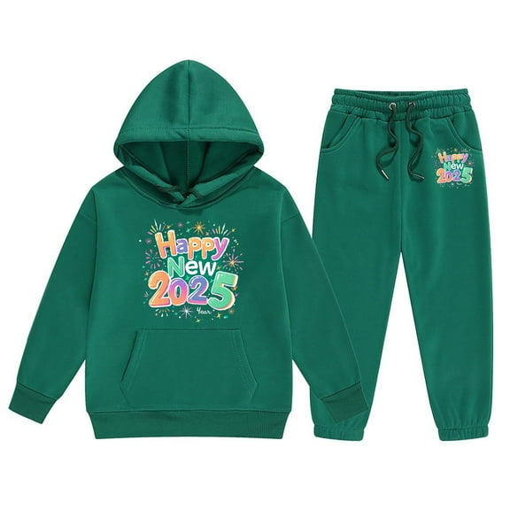 LUOGENLI Outfits Baby Girl Rompers 18-24 Months Summer 2025 New Year Printing Children's Middle and Large Children's Long Sleeved Letter Print Hooded Top Sweater Pants Set Dark Green 10-11 Years